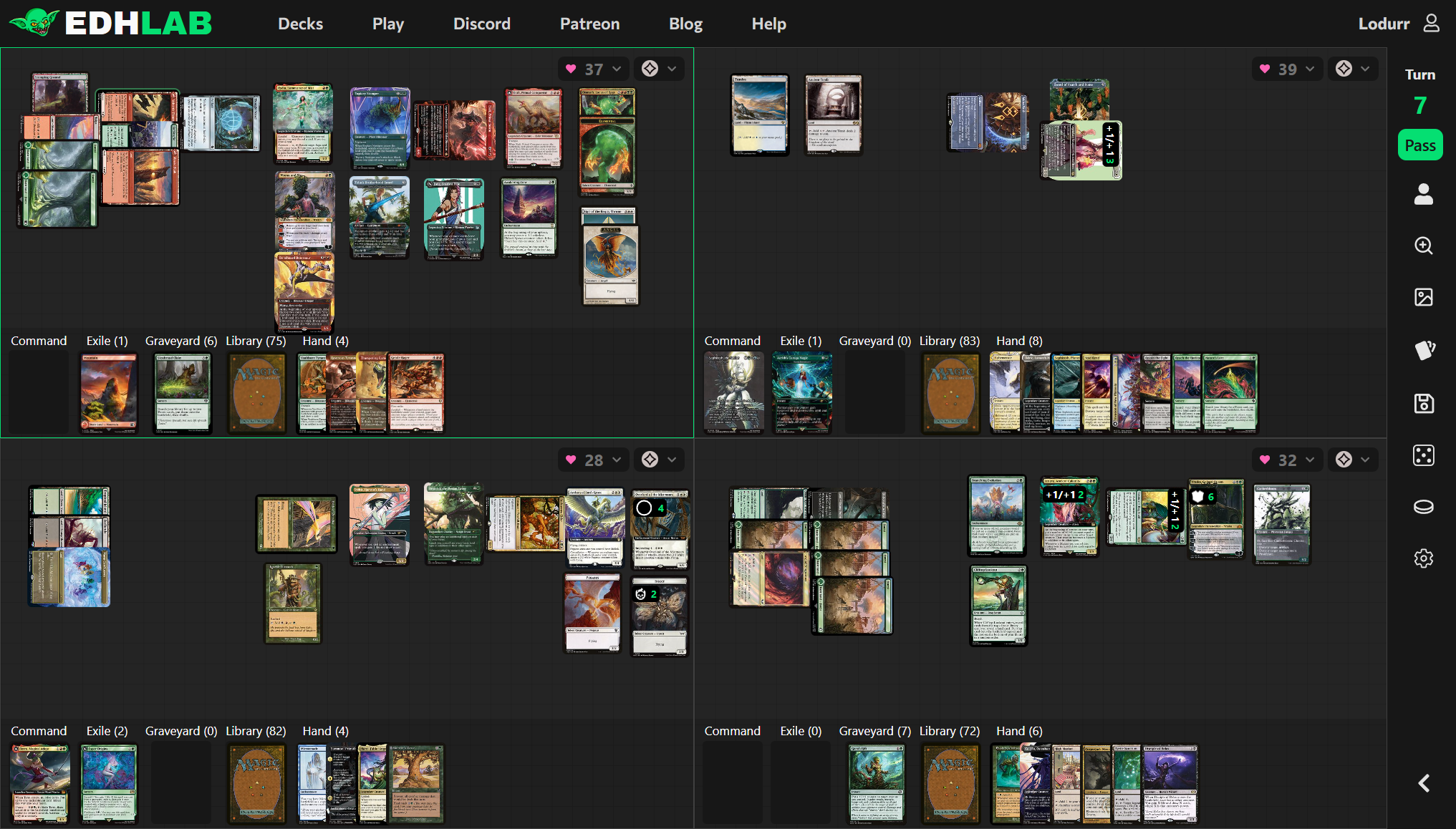 A screenshot of EDHLAB.gg of a game of EDH in the mid-game stage where all one player has a lot of cards on the battlefield.