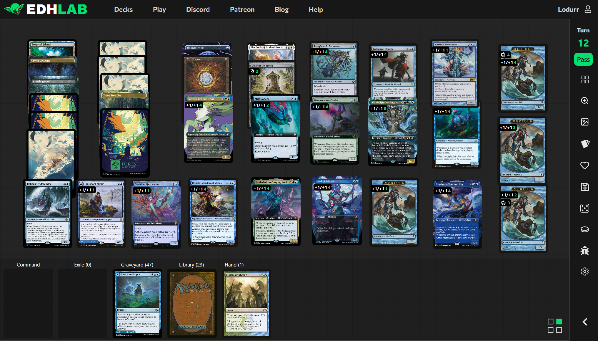 Screenshot of an EDHLAB.gg playtest game in the end-game where a merfolk deck has an overwhelming board presence.