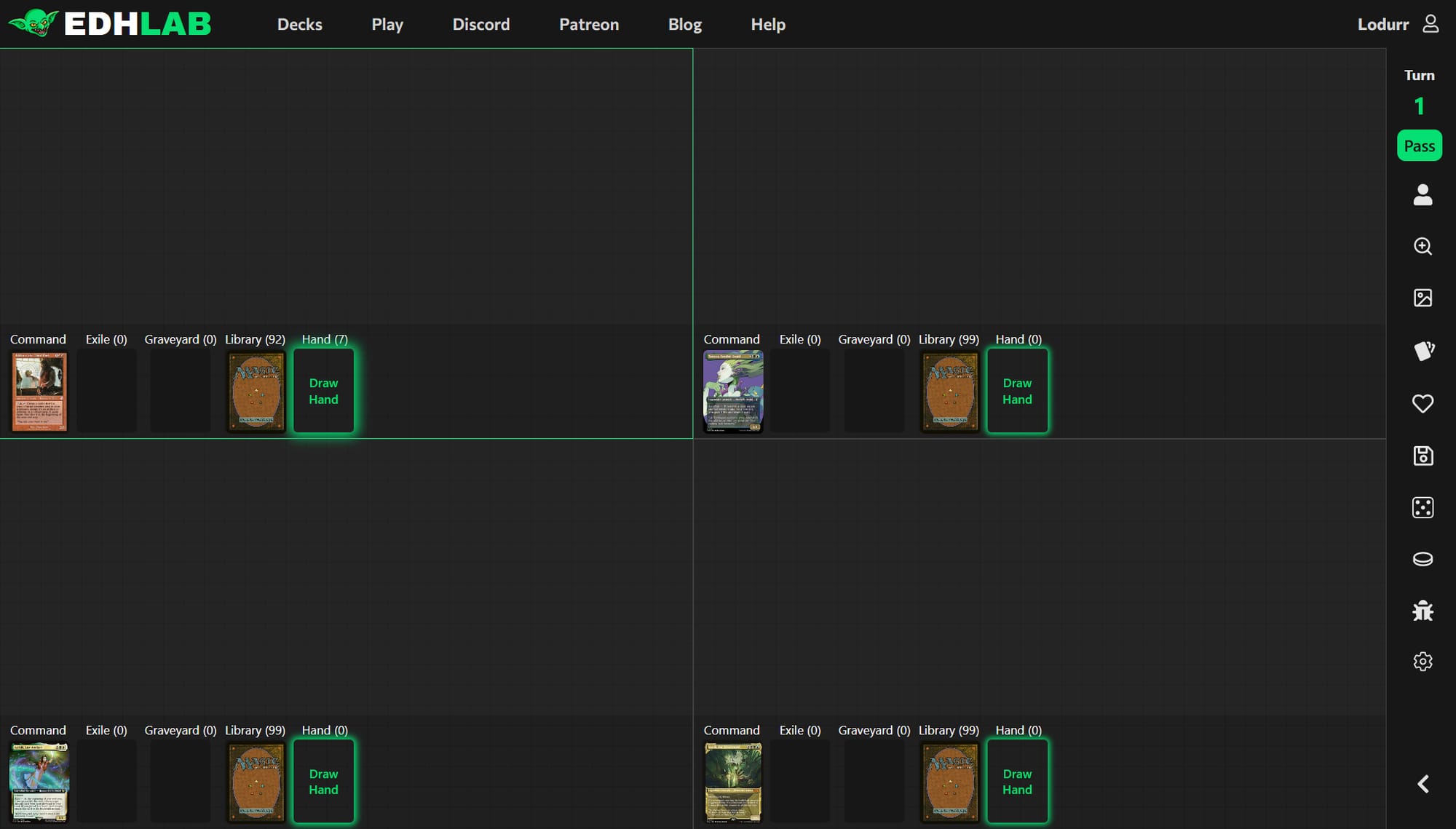 A screenshot of EDHLAB.gg showing a playtest game with 4 decks before the game has begun.